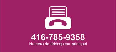Fax machine icon listing Cotas fax number 416-785-9358
