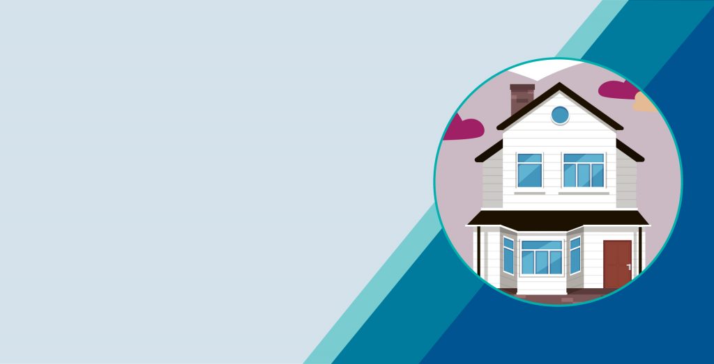 Banner graphic with a white brick house