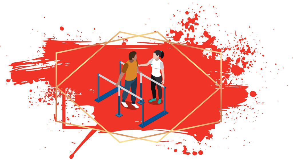 Framed graphic of a man going through physiotherapy with a therapist